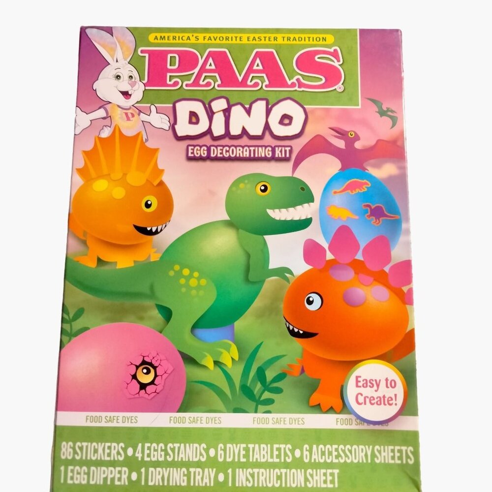 Paas Dino Egg Decorating Kit Dye 86 Stickers Stand Dipper Drying Tray Dinosaur